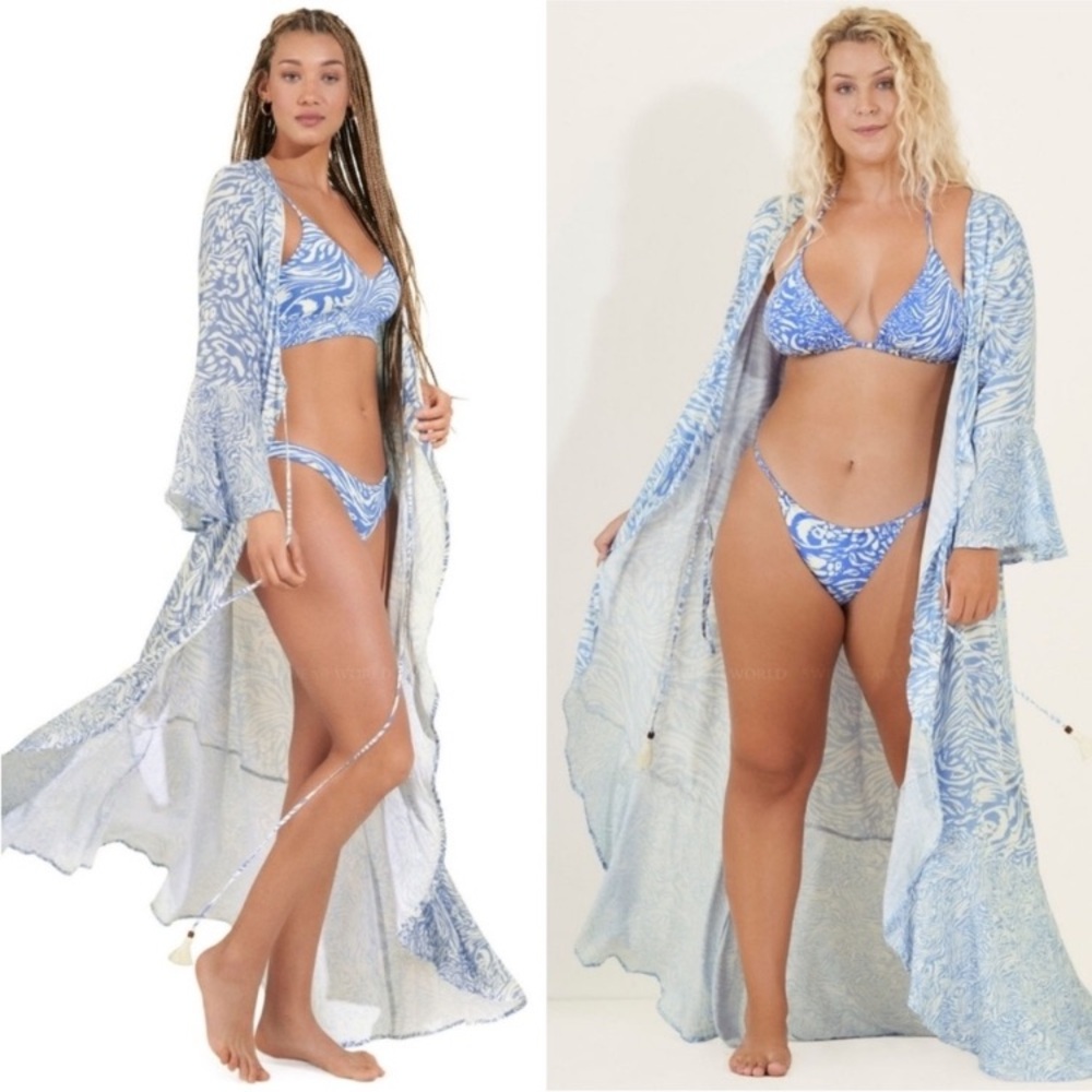 Maaji White Blue Animal Tiger Print Long Sleeve Maxi Kimono Dress Coverup - Picture 5 of 14